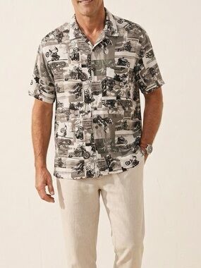 Panama Jack Black Motorcycle Biker Short Sleeve Button Down Mens Shirt Large
